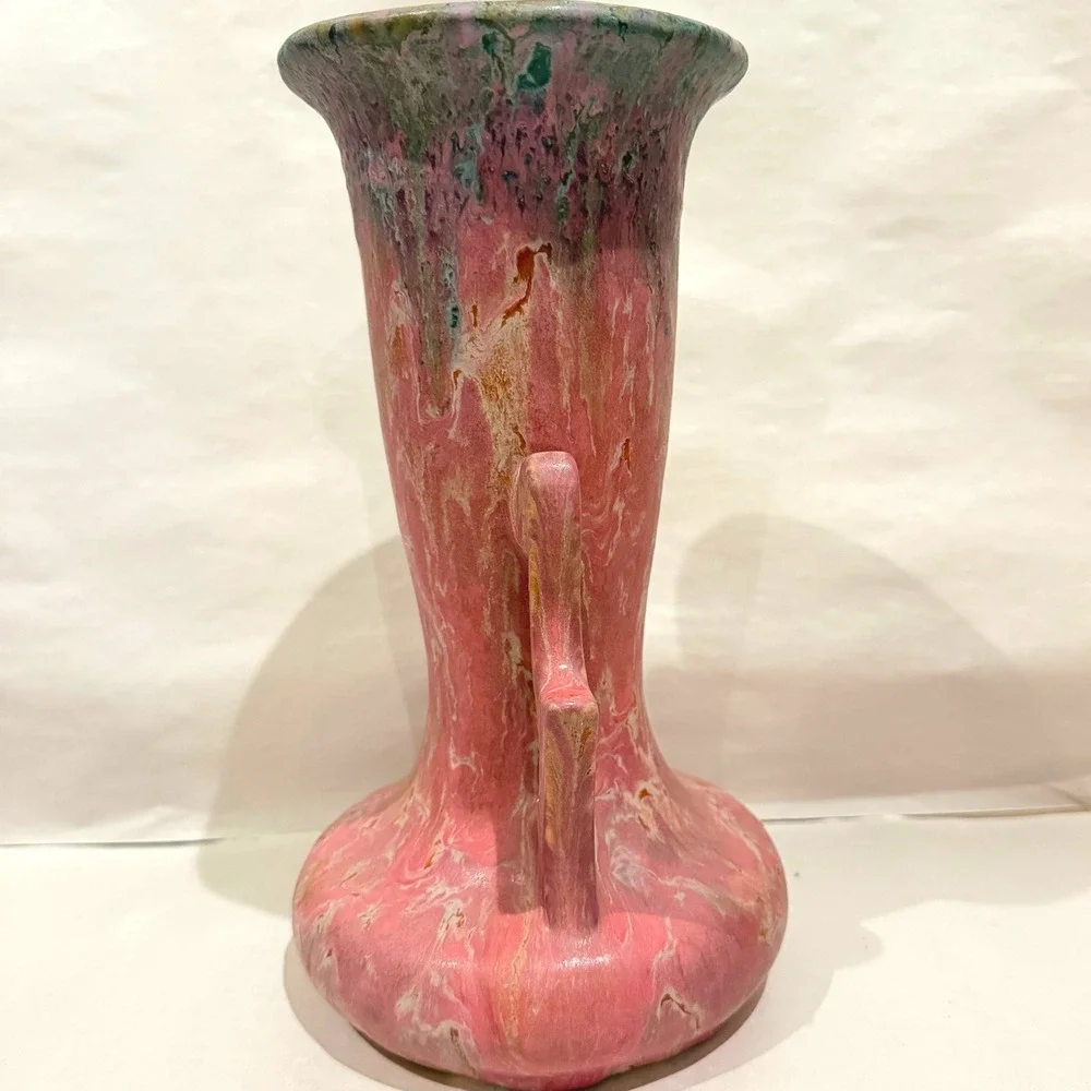 Antique Roseville Carnelian II 316-10 Pink Rose Drip Glaze Vase OG Crayon 1915